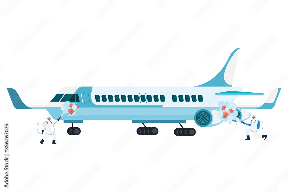 Men with protective suit spraying airplane with covid 19 virus design, Disinfects clean and antibacterial theme Vector illustration