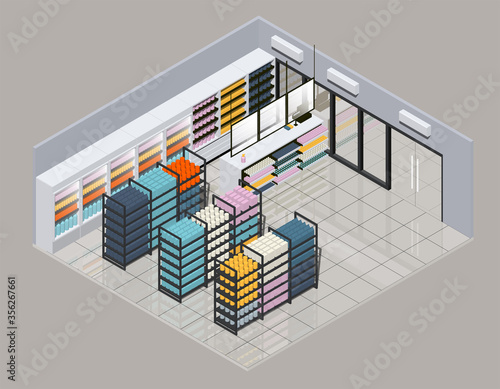Isometric vector illustration of a new normal mini market. It have a transparent protection layer at cashier. And a hand sanitizer.
