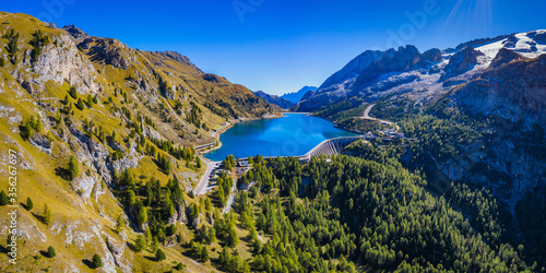 Lago Fedaia (Fedaia Lake), Fassa Valley, Trentino Alto Adige, an artificial lake and a dam near Canazei city, located at the foot of Marmolada massif. Fedaia Lake is the Province of Belluno, Italy.