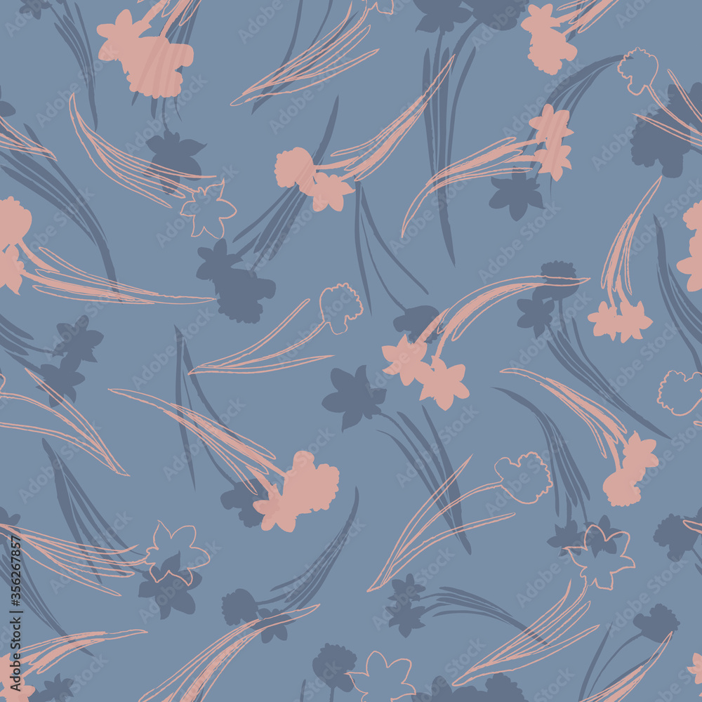 Pink daffodils on blue background seamless pattern Pink daffodils on blue background seamless pattern