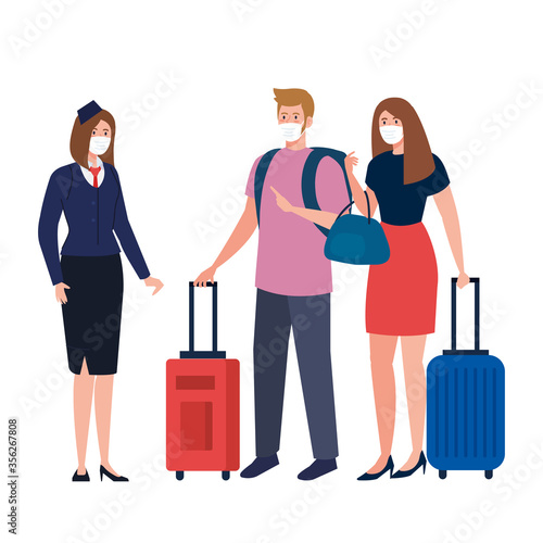 Stewardess woman and man with medical masks and bags design, Cancelled flights travel and airport theme Vector illustration
