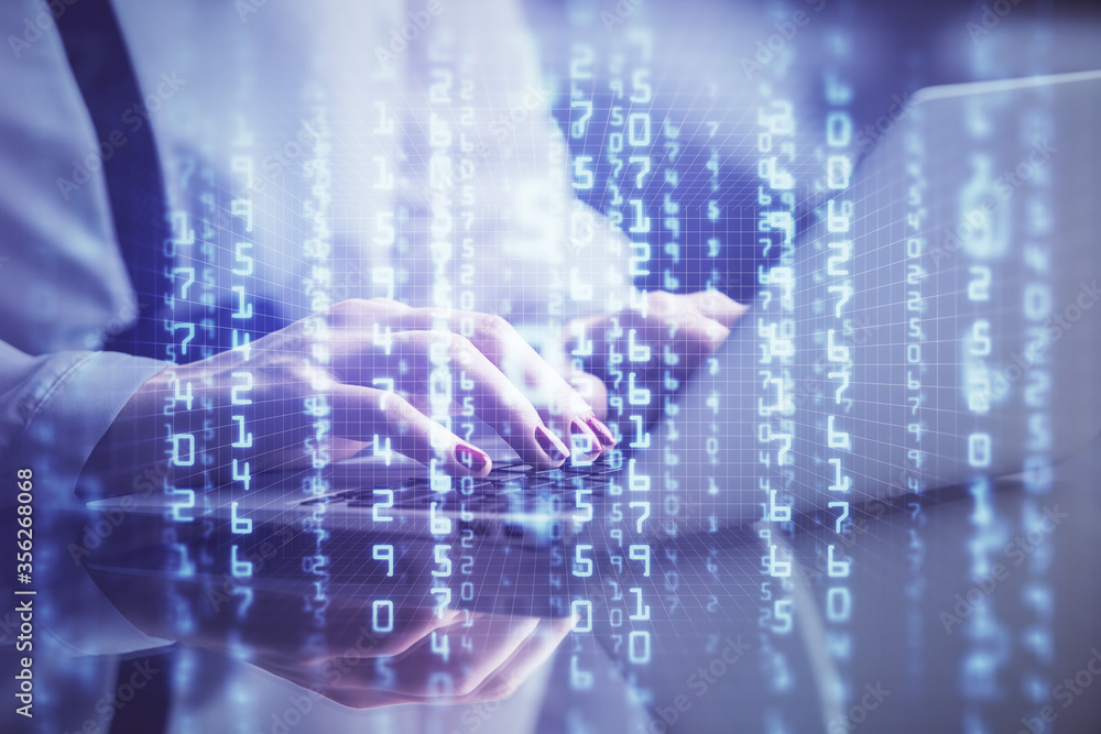 Multi exposure of woman hands working on computer and data theme hologram drawing. Tech concept. Multi exposure of woman hands working on computer and data theme hologram drawing. Tech concept.