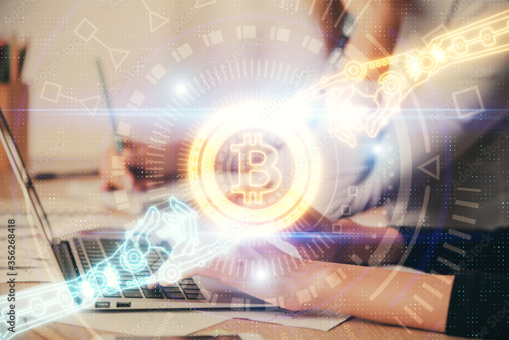 Double exposure of woman hands typing on computer and crypto market theme hologram drawing. Blockchain concept. Double exposure of woman hands typing on computer and crypto market theme hologram drawing. Blockchain concept.