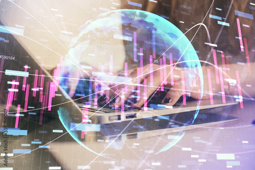 Double exposure of woman hands typing on computer and forex chart hologram drawing. Stock market invest concept. Double exposure of woman hands typing on computer and forex chart hologram drawing. Stock market invest concept.