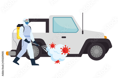 Man with protective suit spraying car with covid 19 virus design, Disinfects clean and antibacterial theme Vector illustration