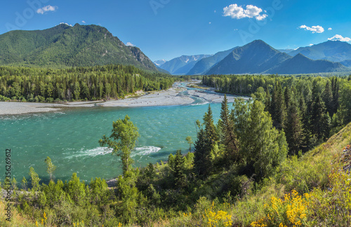 View of the Katun river valley, Altai. Travel and vacation in the mountains.