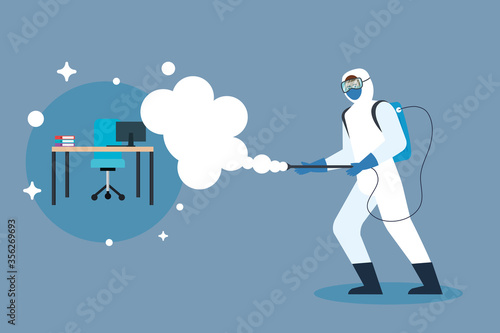 Man with protective suit spraying office design, Disinfects clean antibacterial and hygiene theme Vector illustration