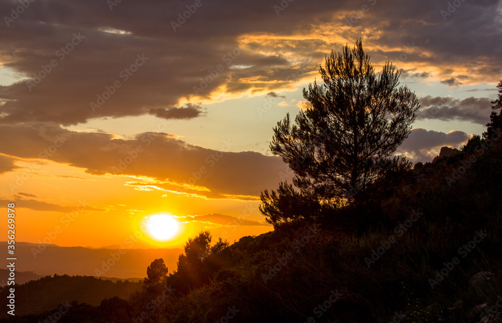 sunset at the mountains of La Font del Barber in Spain