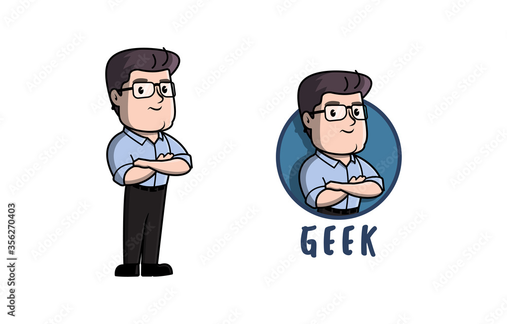 Geek mascot logo design concept. Man standing with glasses. Retro cartoon Vector illustrations.