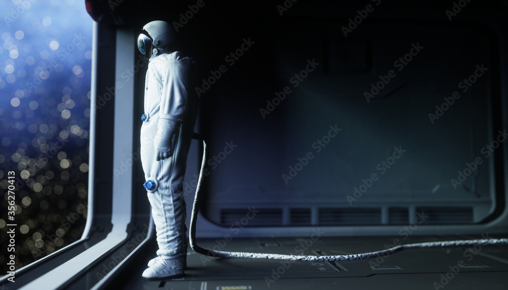 alone astronaut in space. Sci fi futuristic corridor. view of the earth. 3d rendering. - obrazy, fototapety, plakaty 