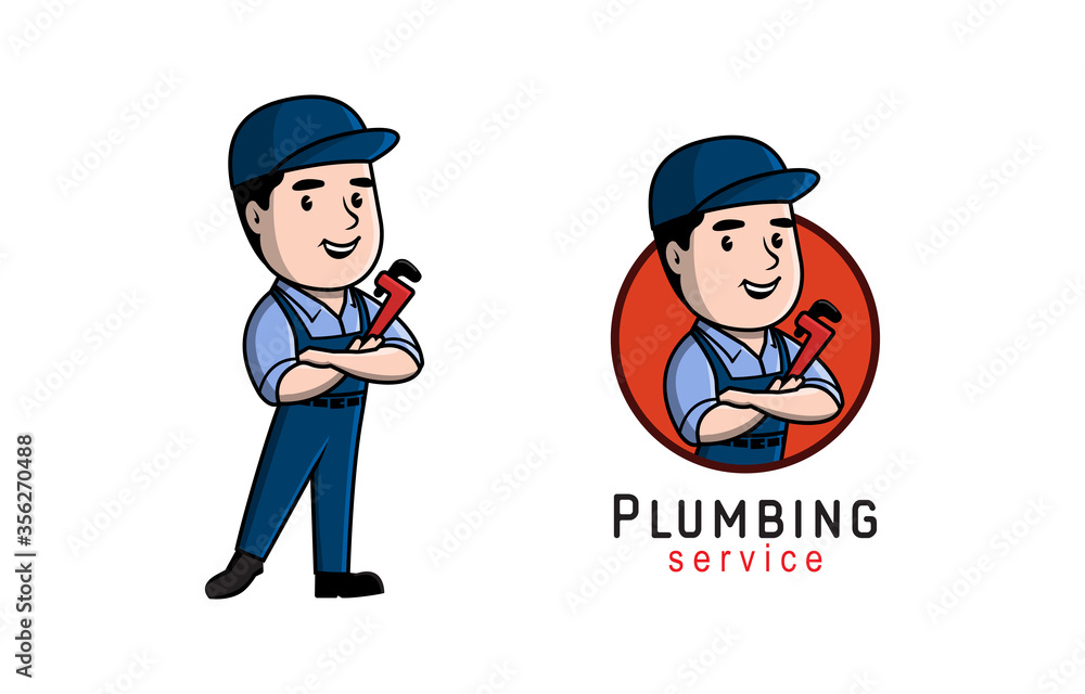 Plumbing service and maintenance logo design concept. Plumber Characters halding wrench a. Vector illustrations.