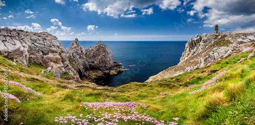 Panorama of Pointe du Pen-Hir with World War Two monument to the Bretons of Free France on the Crozon peninsula, Finistere department, Camaret-sur-Mer, Parc naturel regional d'Armorique. Brittany photo