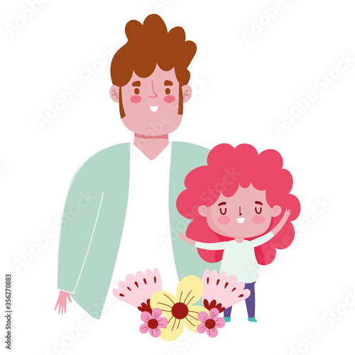 happy fathers day, dad with son love flowers cartoon