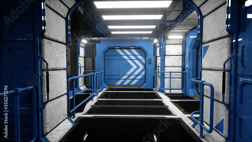 Space ship futuristic interior. Sci fi view. 3d rendering.