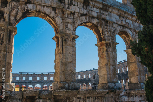 View of Ancient roman amphitheater in the croatian city Pula.