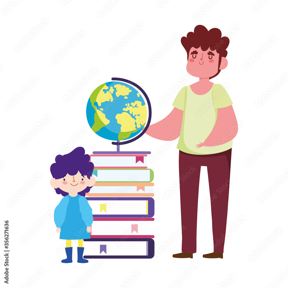 online education teache and student boy with school globe and books