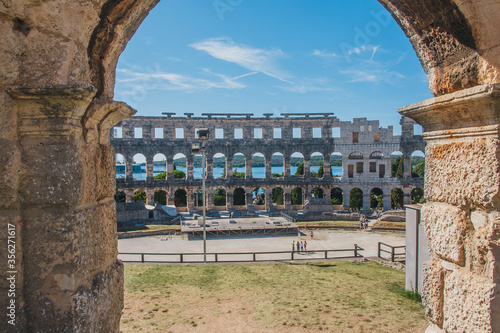 View of Ancient roman amphitheater in the croatian city Pula.