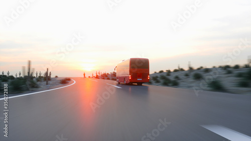 touristic red bus on highway. Fast driving. realistic 3d rendering.