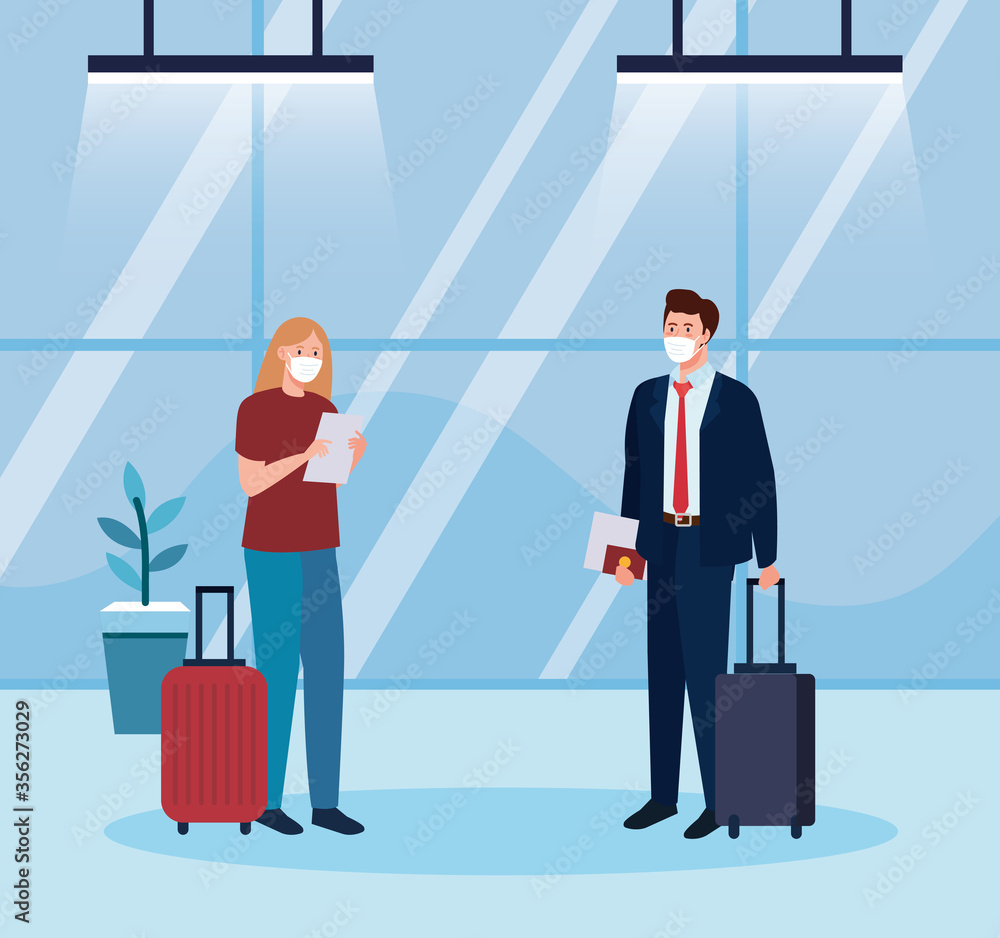 woman and man with medical masks and bags design, Cancelled flights travel and airport theme Vector illustration woman and man with medical masks and bags design, Cancelled flights travel and airport theme Vector illustration