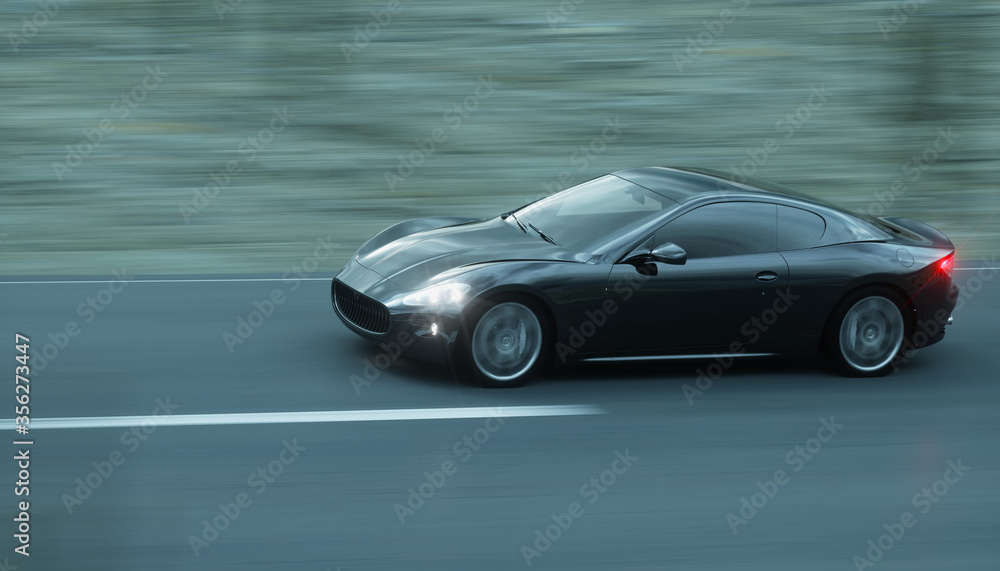 Black sport car on road, highway. Very fast driving. 3d rendering.