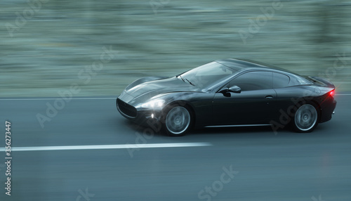 Black sport car on road, highway. Very fast driving. 3d rendering. © 3D motion