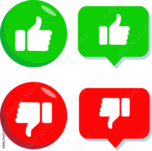 Thumb up and down red and green icons. Vector illustration. I like and dislike round buttons in flat design.