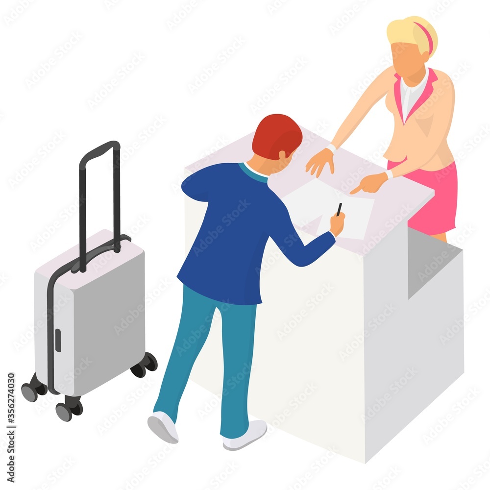 Two people interact near the reception or counter Two people interact near the reception or counter