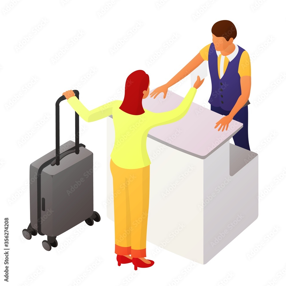 Two people interact near the reception or counter Two people interact near the reception or counter