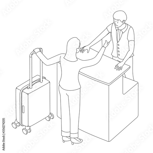 Two people interact near the reception or counter