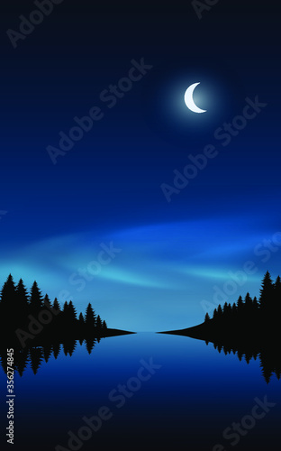 night landscape with moon and trees at river