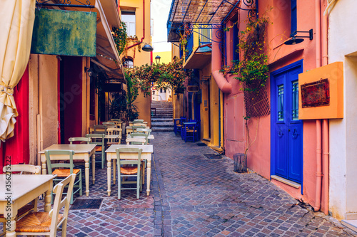 Street in the old town of Chania, Crete, Greece. Charming streets of Greek islands, Crete. Beautiful street in Chania, Crete island, Greece. Summer landscape. Chania old street of Crete island Greece. © daliu