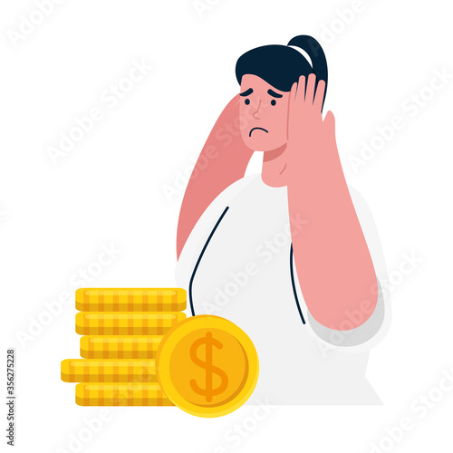 sad woman and coins design of bankruptcy and covid 19 virus theme Vector illustration