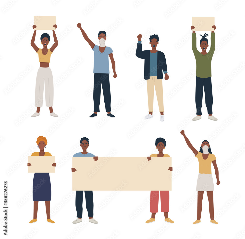 Set of black african american people protesting, manifesting, strike holding banners placard and hand fist raised. Collection of male female characters for march demonstration. Vector flat isolated Set of black african american people protesting, manifesting, strike holding banners placard and hand fist raised. Collection of male female characters for march demonstration. Vector flat isolated