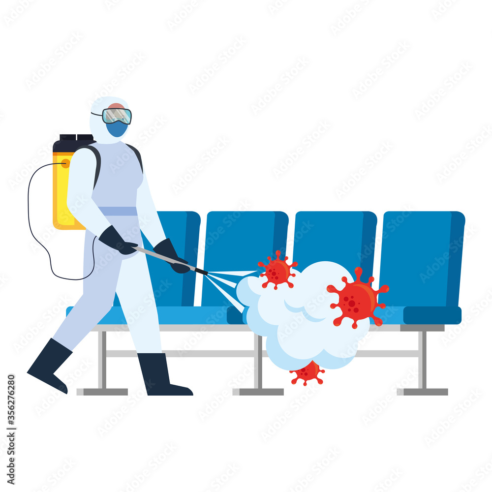 Man with protective suit spraying airport chairs with covid 19 virus design, Disinfects clean and antibacterial theme Vector illustration - obrazy, fototapety, plakaty 