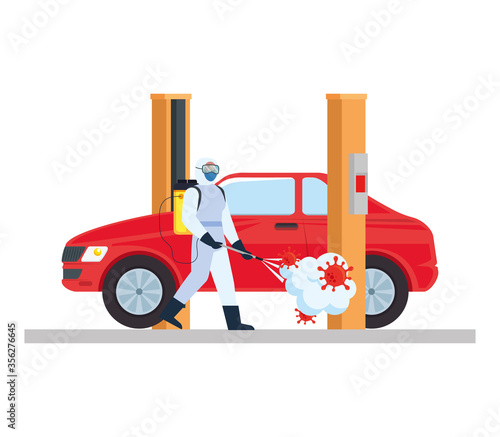 Man with protective suit spraying car with covid 19 virus design, Disinfects clean and antibacterial theme Vector illustration