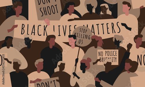 Seamless pattern with abstract silhouettes of people protesting against racism and police brutality. Poster says: black lives matter, no police brutality, can't breathe.
