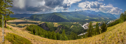Above the mountain valley, the river flows among the mountains, Altai