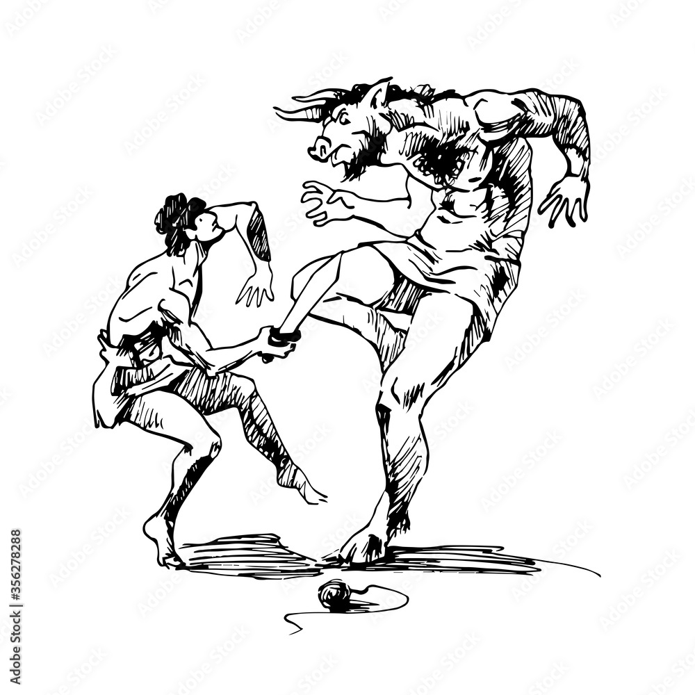 myths of Ancient Greece, the battle of Theseus and the Minotaur, the monster from the labyrinth, sketch, vector illustration isolated on a white background with black ink lines in a hand drawn style