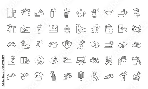 cleaning disinfection, coronavirus prevention sanitizer products line style icons set