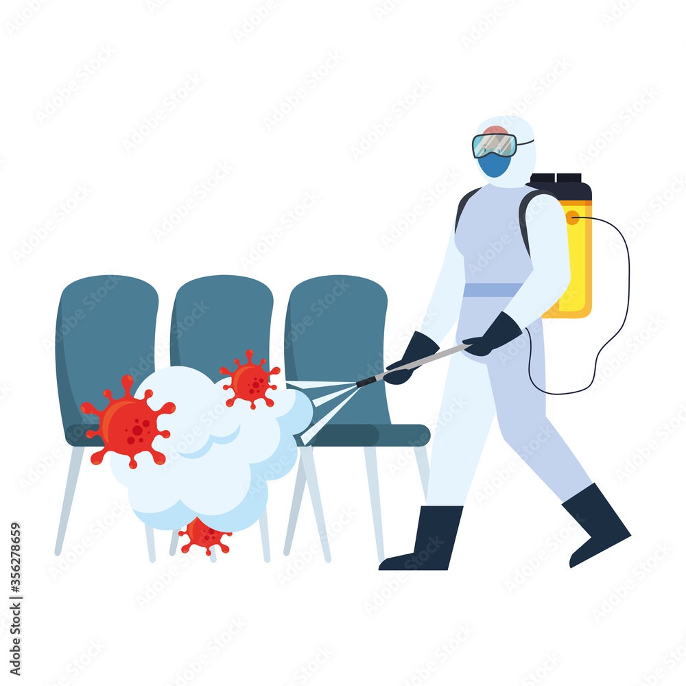 Man with protective suit spraying chairs with covid 19 virus design, Disinfects clean and antibacterial theme Vector illustration