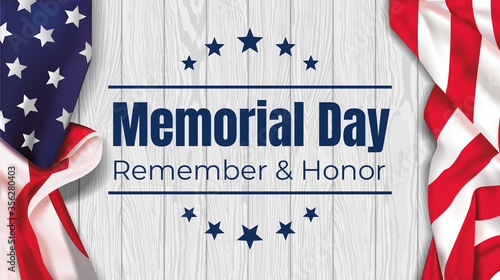 Memorial Day - Remember and honor with USA flag on a white table. Vector illustration.