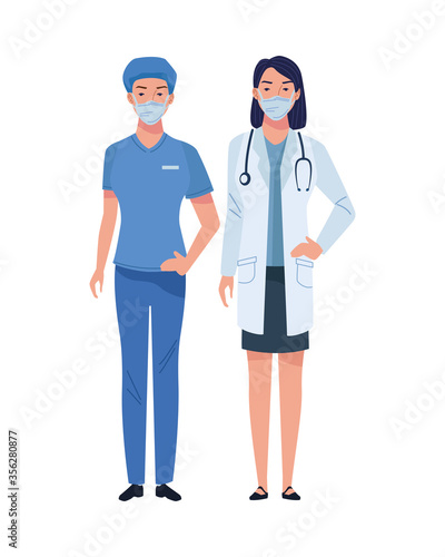 female doctor and surgeon wearing medical masks characters