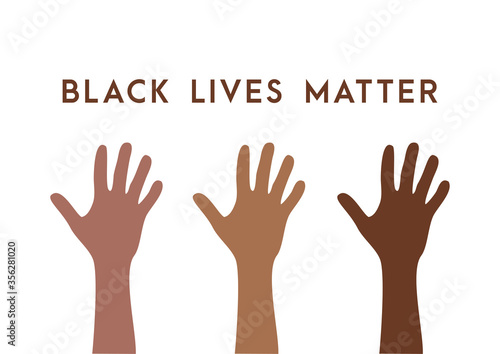 Row of raised hands colored from brown to black with Black lives matter slogan. Anti racism and racial equality and tolerance poster . Vector illustration, social media template on dark background © adnanroesdi
