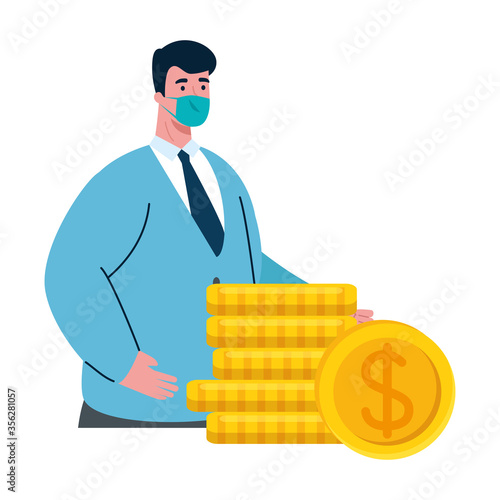 businessman with mask and coins design of bankruptcy and covid 19 virus theme Vector illustration