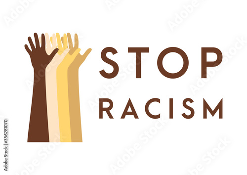 Row of raised hands colored from brown to black with Black lives matter slogan. Anti racism and racial equality and tolerance poster . Vector illustration, social media template on dark background
