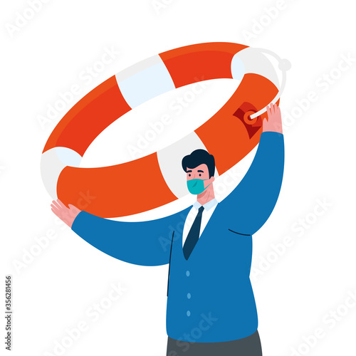 businessman with mask and lifebuoy design of bankruptcy and covid 19 virus theme Vector illustration