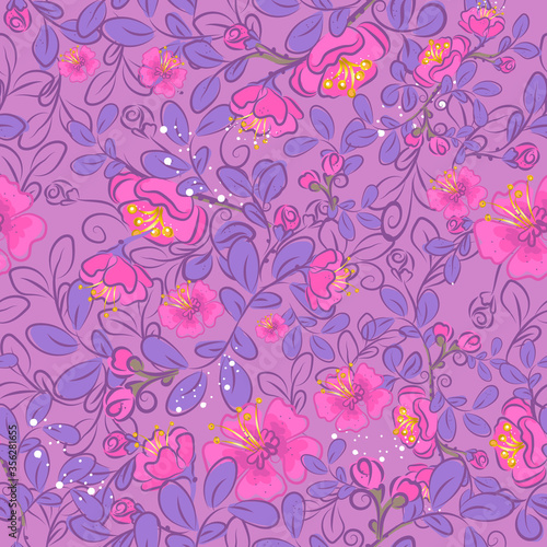 Vector pattern of cherry flowers and pink berries on a pink background for napkins, curtains, bags , dresses, hats, Wallpaper, bed linen. Drawing, art line, flower line