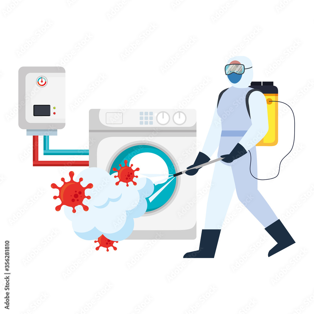 Man with protective suit spraying washing machine with covid 19 virus design, Disinfects clean and antibacterial theme Vector illustration Man with protective suit spraying washing machine with covid 19 virus design, Disinfects clean and antibacterial theme Vector illustration