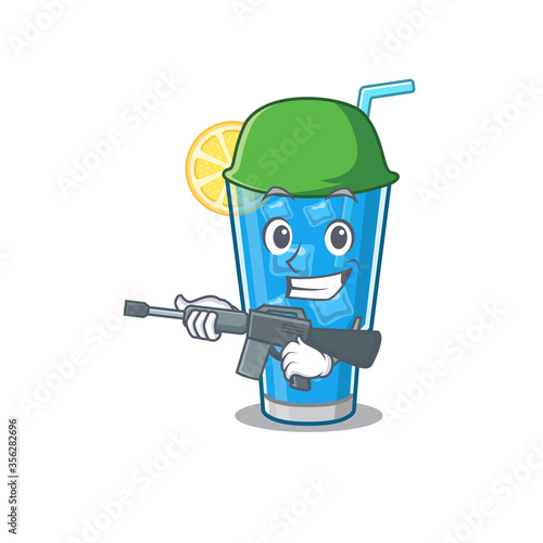 A cartoon picture of Army blue lagoon cocktail holding machine gun