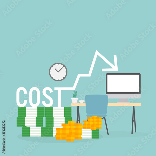 Cost reduction concept. Cost graph down. Vector illustration flat design. Decrease down with work office background